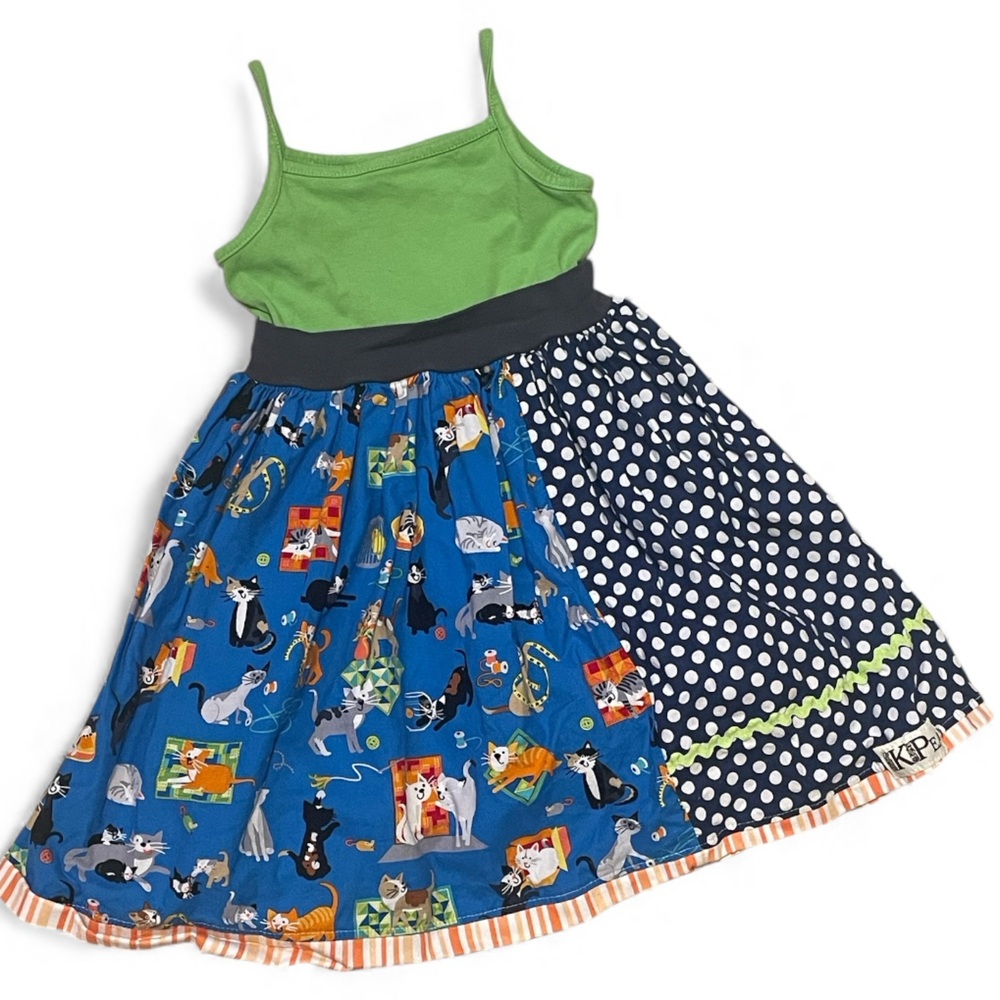 kpea handmade cat print and polka dot girls dress size 6